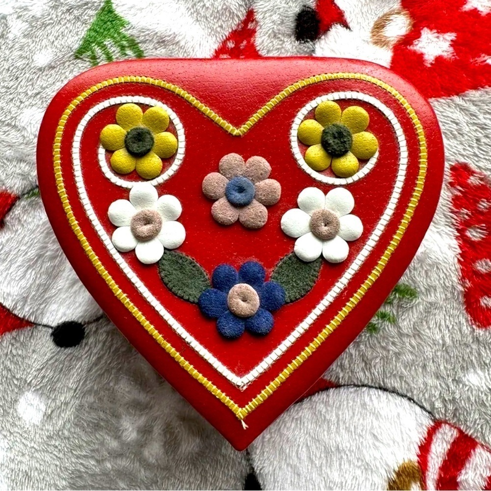 Vintage Jewelry Trinket Box Heart Shape Floral Embossed Red